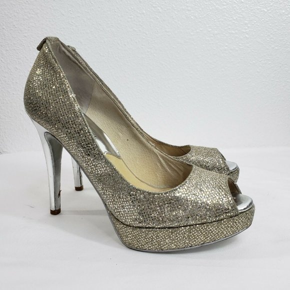 Michael Kors Peep Toe Slip‎ On Pumps Gold Silver Women Size 6 M Platform Heels - Picture 2 of 12